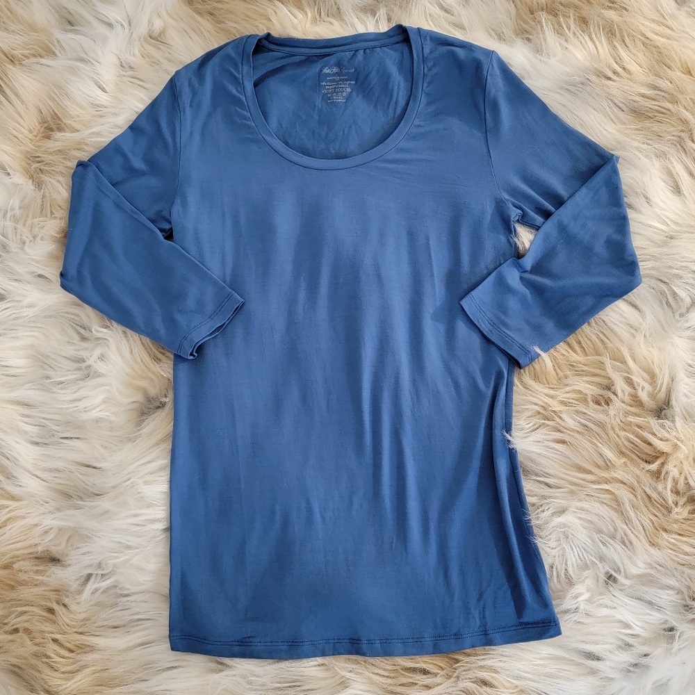 Saks Fifth Avenue Teal Blue Long Sleeve Scoop Neck Top - Picture 2 of 10